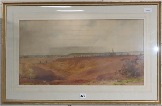 Frederick Henry Partridge (1849-1921), panoramic landscape with figures in the foreground, 31.5 x 60cm